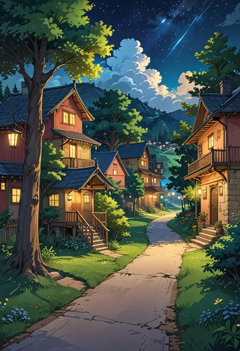 anime sketch art of an old country. Variety of trees. roads, villages with variant colored cozy houses.  fireflies. Fluffy clouds on a beautiful night sky with stars. warm.  serene. night time, anime art style, anime digital art, expressive anime art, dynamic composition, anime style, vibrant, studio anime, highly detailed