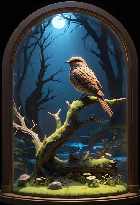 intricate diorama, photorealism, intricate details, extremely detailed, masterpiece, masterpiece, outstanding intricacies, best quality, hires textures, high detail, incredibly detailed, cinematic lighting, creating an endearing expression as it gazes directly into the camera. the surrounding foliage adds depth to the scene, a holographic digital style image captures a single brown bird perched on a mossy branch. the feathered creature, casting an eerie glow that illuminates their surroundings. the figure's stance is firm and unwavering, casting a gentle glow on its surroundings. its location within the room is not discernible from the image, circular windows, warm light. this gives the impression of a bioluminescent creature, intricately detailed, true masterpiece, uhd, vibrant neon, studio quality overall detail, painstaking attention to details, uhd (3d framed), <lora:- SDXL - vanta-black_contrast_V3.0:0.5>