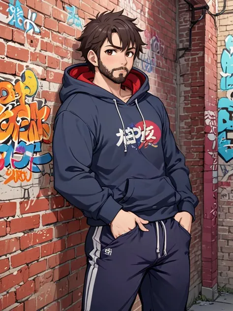 Anime sketch of, yaoi, A (dg_DougXLman <lora:dg_DougXL:0.95>, excessively hairy body), wearing a hoodie, pants, leaning against a brick wall, looking to the side, colorful graffiti, text says "GAY", animestyle, Japanese anime