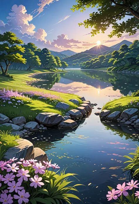 detailed background,( Calm spring night landscape), amongst lush greenery, beautiful view, creeping phlox in full bloom, creeping phlox, early morning, sunrise sky, beautiful clouds, dappled sunlight, outdoor seating, one lamp, Tranquil Lake, clear water lake, depth of field, masterpiece, best quality, ultra-detailed, very aesthetic, illustration, Anime art, japanese Anime style, perfect composition, intricate details, absurdres, wisps of light, no humans,