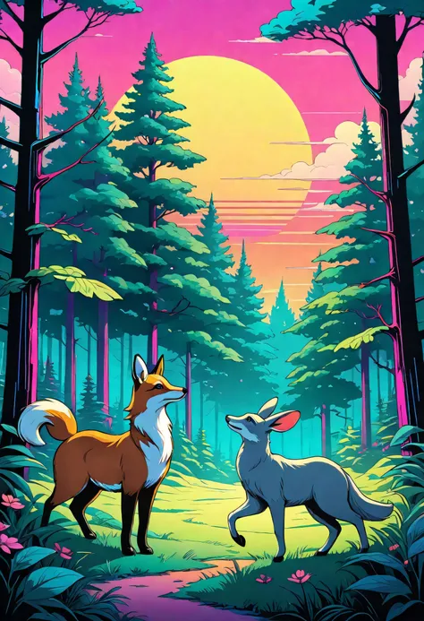 futurism, line art, complementary colors, dreamlike, synthwave,center composition graphic design, plain background2 mockup of Cartoon style rendering of a whimsical forest with talking animals, each dressed in Victorian attire, set against a vibrant sunset. The scene is highly detailed, with soft lighting and rich colors<lora:add_detail:1.0>