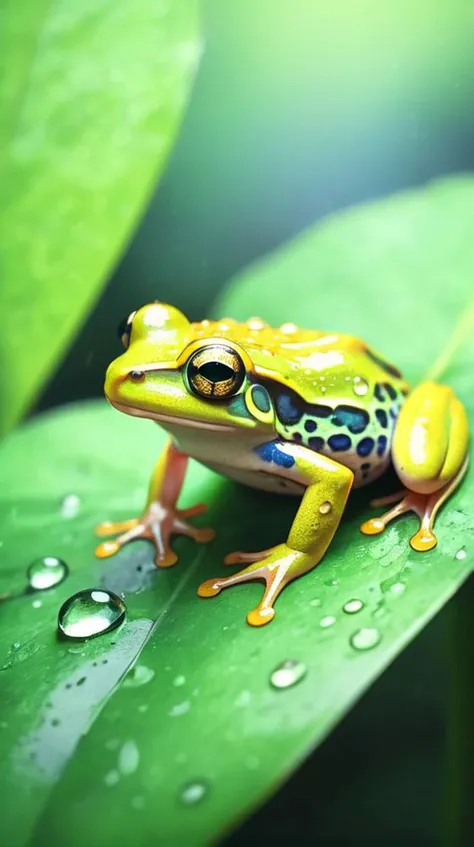 a frog sitting on a leaf with water droplets on it's surface and a green leaf in the background, cloisonnism, a macro photograph, Andries Stock, animal photography