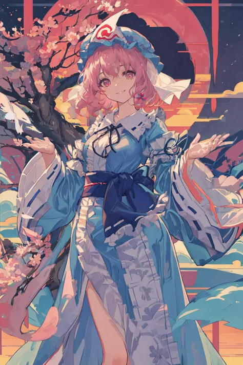 (masterpiece, top quality, best quality, official art, beautiful and aesthetic:1.2),
1girl, solo, saigyouji yuyuko, butterfly, bug, moon, hat, full moon, pink hair, triangular headpiece, night, pink eyes, short hair, tree, japanese clothes, sash, sky, wide sleeves, smile, dress, ribbon, tabi, obi, long sleeves, night sky, cherry blossom<lora:yuyuko:1> <lora:onelastlastcogecha:0.5>