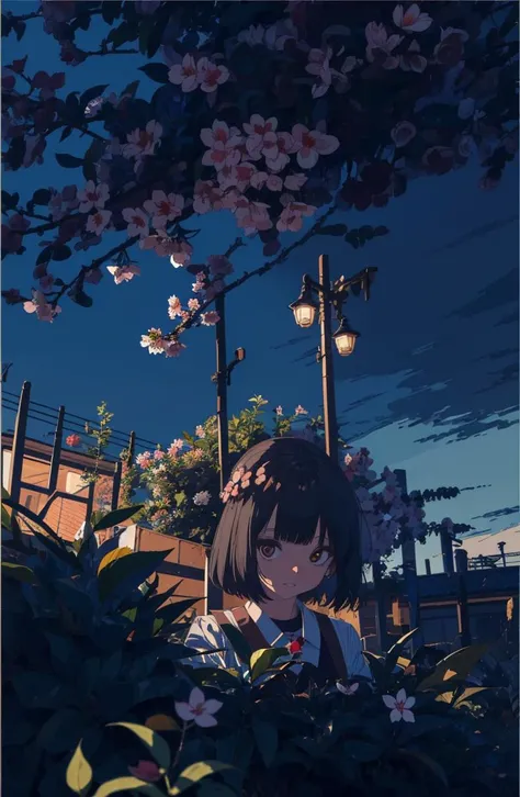<lora:ligneClaireStyleCogecha_v40:1> ((masterpiece)), ((ultra-detailed)), pixiv, best shadows, best lighting, best quality, absurdres, highres, cinematic shot, rim lightning, solo, short hair, brown hair, 1girl, petals, looking at viewer, parted lips, flower, brown eyes, sideways, cherry blossoms, bangs, black background, hand up, portrait