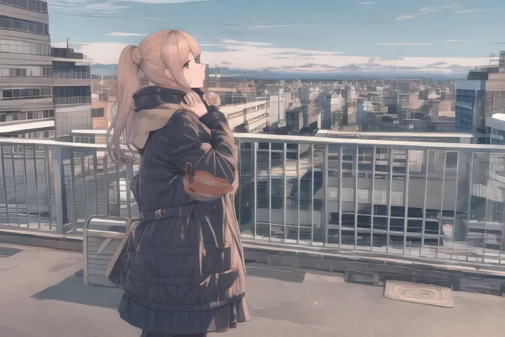 1girl, cityscape, scenery, rooftop, outdoors, standing, sunset, building, cloud, <lora:ligneartStyleCogecha_v10:1.1>, cogecha,