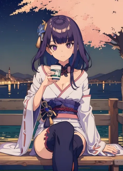 masterpiece, best quality, detailed, flat color, 1girl, blunt bangs, cherry blossoms, cleavage, closed mouth, cup, foreshortening, hair ornament, hand up, head tilt, holding cup, japanese clothes, kimono, long hair, long sleeves, looking at viewer, mole, mole under eye, motion blur, nail polish, night, night sky, obi, outdoors, petals, purple eyes, purple hair, purple kimono, purple nails, sash, shrug \(clothing\), sitting, sky, tassel, thighhighs, tree, wide sleeves, <lora:raiden shogun_LoRA:0.9>, <lora:ligneartStyleCogecha_v10:1.1>, cogecha,