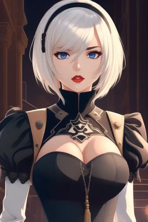 dreamlikeart, High detail, digital painting, intricate, 8k, ((highly detailed)), cinematic lighting, dramatic light, intense, sharp focus, best quality, hyper detail.
yorha no. 2 type b, 1girl, breasts, cleavage, cleavage cutout, clothing cutout, white gloves, hair between eyes, hairband, highres, juliet sleeves, long sleeves, mole under mouth, nier (series), nier automata, oni gini, puffy sleeves, red lips, shaded face, short hair, solo, turtleneck, upper body, white hair, detailed background, destroyed city, ruins, epic, action pose <lora:yorha_noDOT_2_type_b:0.5>
<lora:ligneartStyleCogecha_v10:0.8>