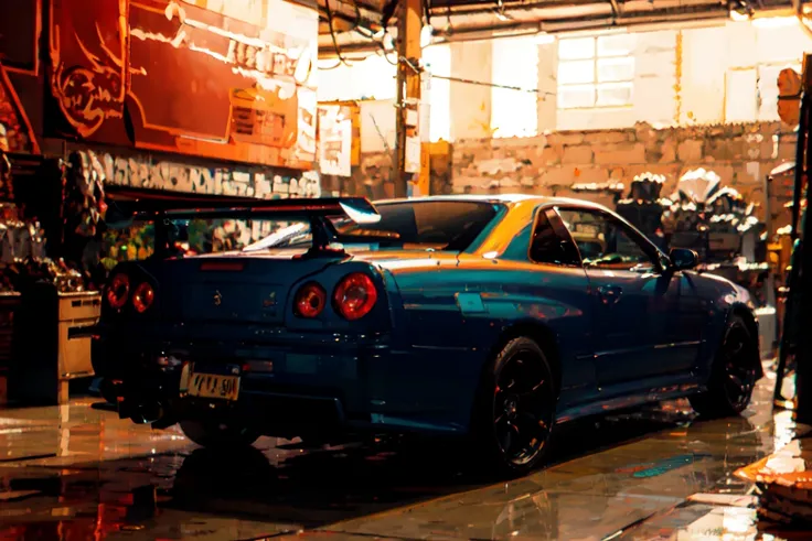 (masterpiece,best quality:1),official art,extremely detailed CG unity 8k wallpaper,illustration, light,car, bright, motor vehicle, ground vehicle, sports car, vehicle focus, wet, indoors, night, flat light,garage, auto shop,1990s \(style\), <lora:skylineR34-000014:0.9><lora:ligneClaireStyleCogecha_v10:1.2>