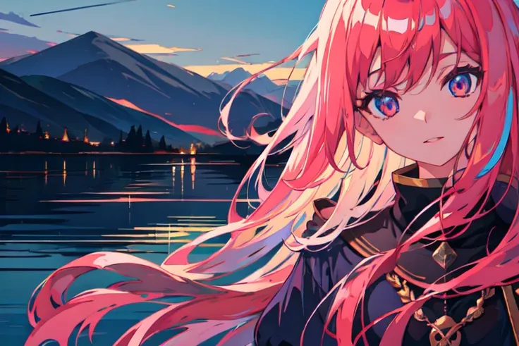 best quality, ultra high res, 1girl, [:(detailed face:1.2):0.2], float hair, dusk, shore, fashion model, skindentation, full body, kremlin, depth of field, solo, 1girl, one person, skyline, twilight, highres, high quality, beside lake, clear face