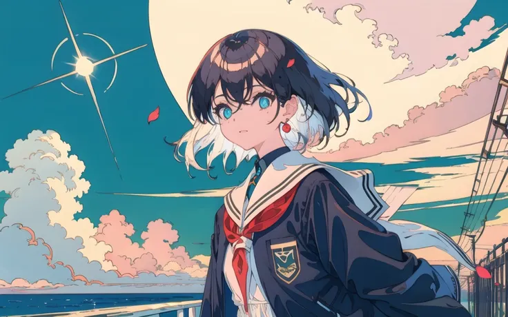 extremely detailed CG unity 8k wallpaper,((masterpiece)),(lighting),(best quality), (illustration), detailed hair,,street,telegraph pole,(ligne claire:1.3), close-up, ruins,water,depth of field,(lens flare),floating colorful water,(((detailed cloudy sky)),(bus station),(ocean),road by the sea,railing,ruins,moss,floating rain,stream,wilderness,small dust, ((breeze)), wind, summer, (blurry background),ruins,station,An abandoned roadside station,water,partially_submerged,falling petals,((1girl)),detailed black hair, eyes, detailed beautiful eyes, earings, ((c-curl hair)),student uniform
white cocktail coat dress,satin,translucent,