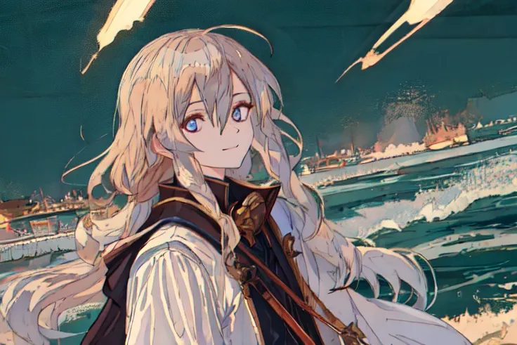 masterpiece, best quality, ultra-detailed, long hair boy , portrait,smile,emotionless, sea, sun, dutch angle,narrowed_eyes, <lora:ligneClaireStyleCogecha_v10:1.25>