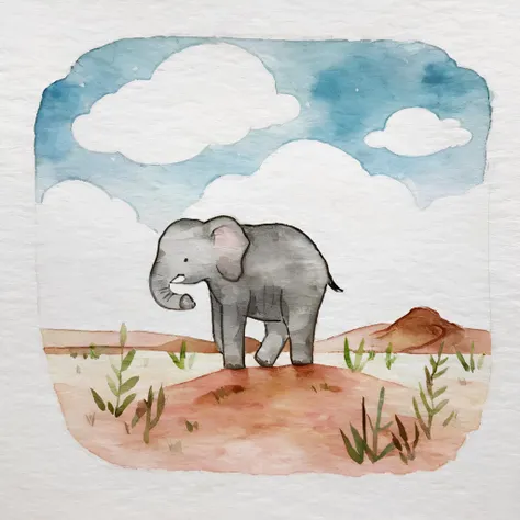 Simple Watercolor, an elephant in a dessert, clouds