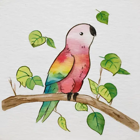 Simple Watercolor, a parrot on a branch