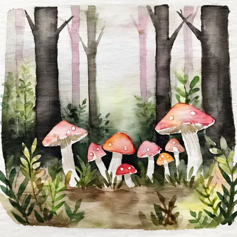 Simple Watercolor, mushrooms in a dark forest