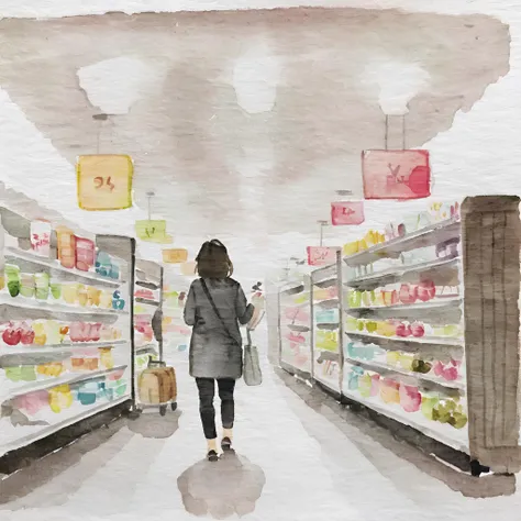 Simple Watercolor, shopping in a supermarket