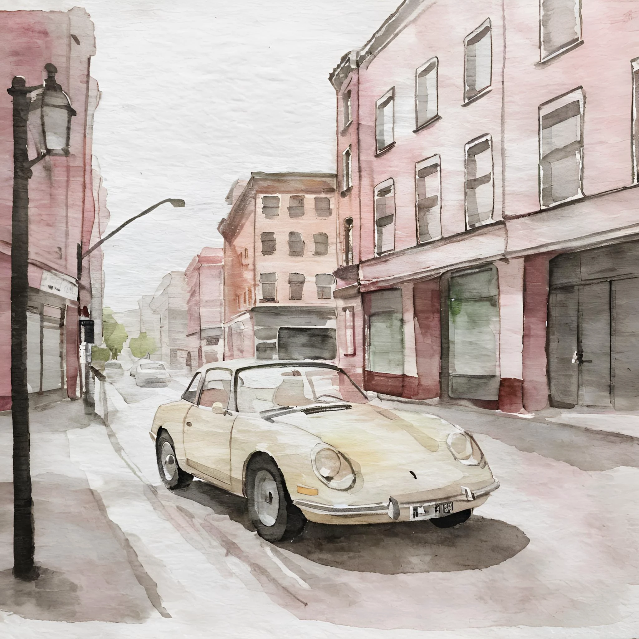 Simple Watercolor, a sportscar parking on a city street