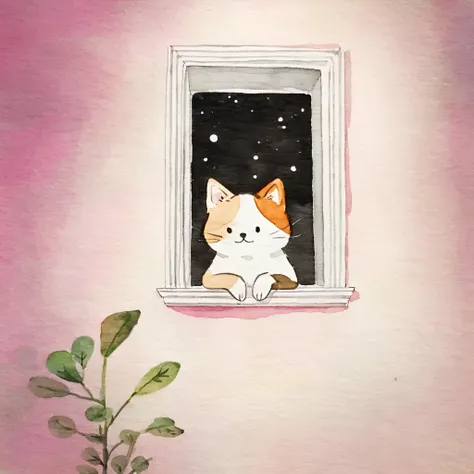 Simple Watercolor, a kitten looking out of a window