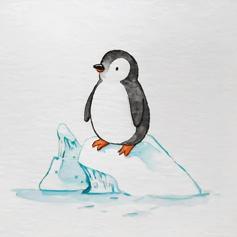 Simple Watercolor, a penguin on an ice floe