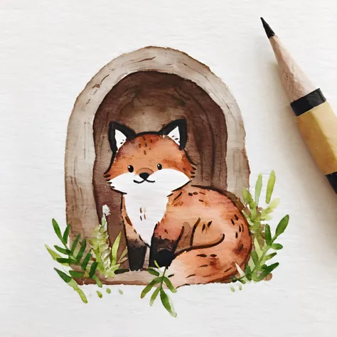 Simple Watercolor, a fox looking out of a fox hole