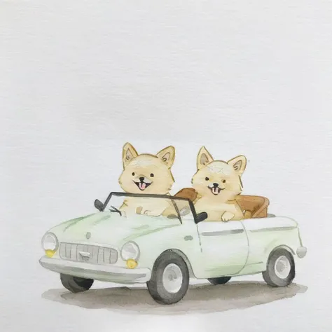 <lora:Simple Watercolor-000008:1>,Simple Watercolor,Two little dogs sitting in the car laughing