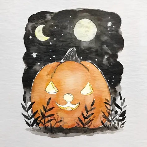 Simple Watercolor, black background, a halloween pumpkin at night, light comes from inside the pumpkin 