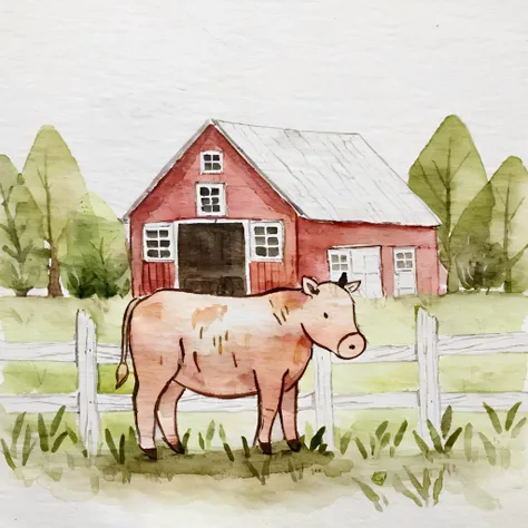 Simple Watercolor, a cow standing in front of a barn