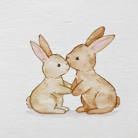 Simple Watercolor, two rabbits kissing