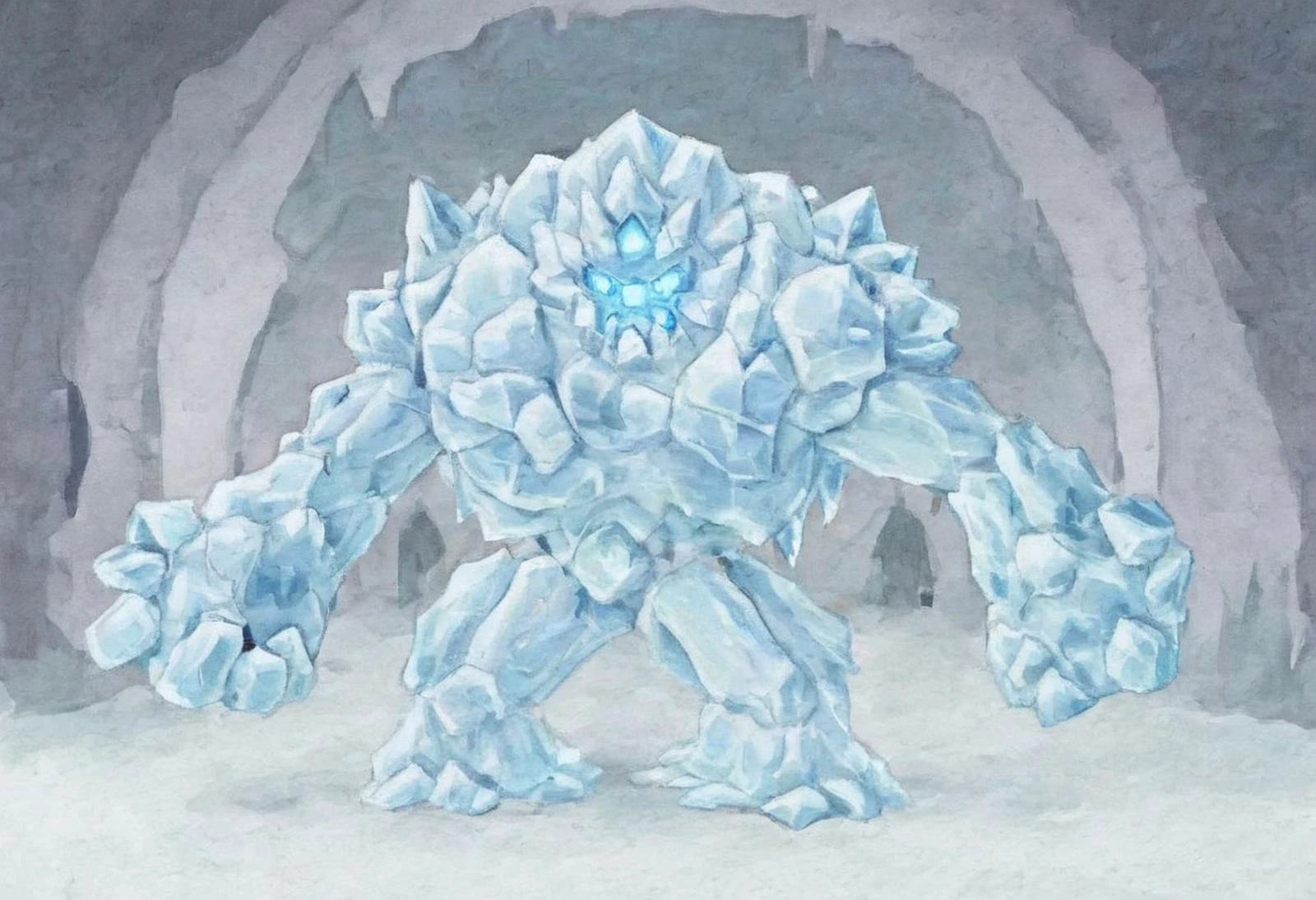 Gol3em, Ice Golem, Glowing Eyes, croutching, icy mountain, ice castle