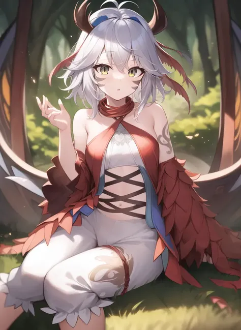 <lora:traptrixmyrmeleo:0.8>traptrixmyrmeleo, 1girl, clothes pattern, bloomers, (facial mark:0.66), solo, full body,sitting,forest background,masterpiece,solo,beautiful detailed eyes,finely detail,detailed face,vivid color,5 fingers,finely detailed,hyper detailed,detailed hand,8k,finely detailed beautiful eyes,high resolution illustration,best quality,