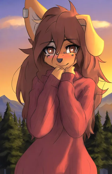 portrait, absurd res, trending on artstation, cinematic lighting,tinygaypirate, apogee, female,((facial piercings)), oversized sweater, blush, floppy ear, shy,body markings,((face portrait)),kemono,outside, trees, mountains, clouds, sunset,looking at viewer
<lora:apogee:1>