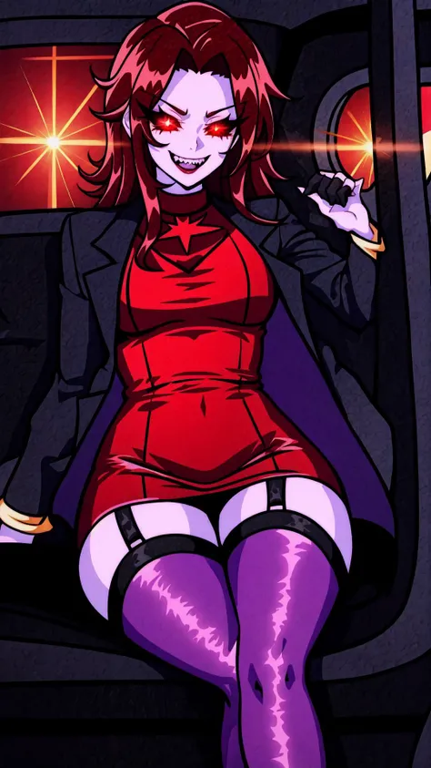 <lora:MotherMearest:0.8> Mommy mearest, brown hair, Red dress, Black overcoat, garter, thigh highs, <lora:coloredSkin-08:0.4> (Purple Skin:1.25), BREAK, Inside car, sitting, crossed legs, BREAK, <lora:GlowingRedEyeMeme:0.5> Glowing Eyes Meme, (Glowing Eyes Meme:1.25), glowing eyes, glowing, epic, black eyes, red pupils, <lora:fangs:0.5> fangs, evil grin, masterpiece, best quality, extremely detailed, highly quality, 4k, sharp focus, professional, sharp focus, award winning, cinematic lighting, octane render, unreal engine, volumetrics dtx, Wallpaper,
