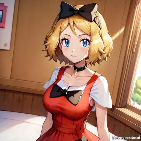 masterpiece, best quality, 1girl,serena \(pokemon\), short hair, blonde hair, blue eyes, eyelashes, black choker, hair bow, dress, collarbone, large breasts, smile, looking at viewer, solo, indoors, bedroom background