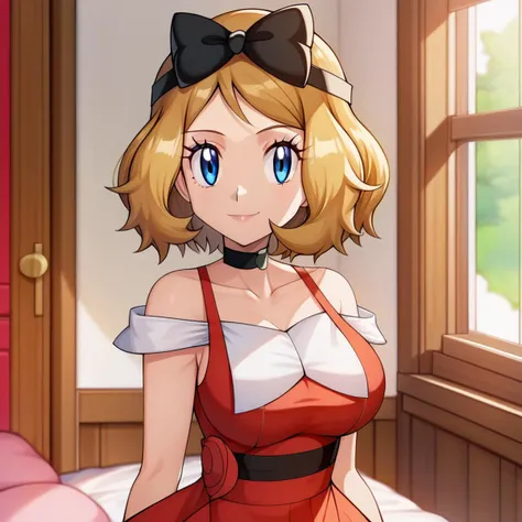 masterpiece, best quality, 1girl,serena \(pokemon\), short hair, blonde hair, blue eyes, eyelashes, black choker, hair bow, dress, collarbone, large breasts, smile, looking at viewer, solo, indoors, bedroom background