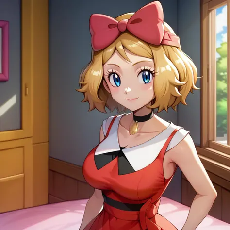 masterpiece, best quality, 1girl,serena \(pokemon\), short hair, blonde hair, blue eyes, eyelashes, black choker, hair bow, dress, collarbone, large breasts, smile, looking at viewer, solo, indoors, bedroom background