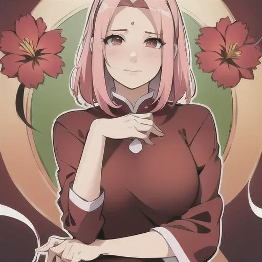 masterpiece,bestquality,highlydetailed,ultra-detailed,extremely detailed CG unity 8k wallpaper, illustration, 1girl, bangs, black_hair, blush, brown_eyes, eyebrows_visible_through_hair, flower, hair_flower, hair_ornament, heart, paper_fan, red_flower, red_rose, rose, short_hair, sakura haruno, looking_at_viewer, solo,<lora:sakura:0.7>