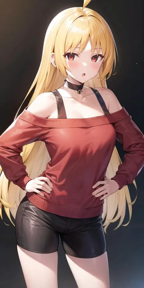 <lora:seika_locon_v1a:0.7>,1girl, blonde hair, holding, long hair, long sleeves, looking at viewer, off shoulder, open mouth, simple background, solo, white background, choker, ahoge, black choker, sweater, hand on hip, collarbone, bare shoulders, red eyes, off-shoulder sweater, :o, breasts, bangs, red sweater,blush, bra strap