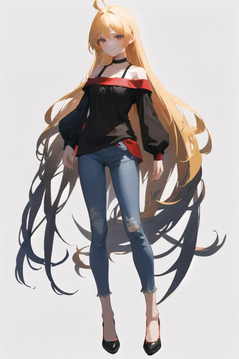 <lora:Ijichi Seika Bocchi:0.85>, smile, closed mouth, long hair, red eyes,long hair,ahoge,blonde hair,black choker,off shoulder,bangs
standing, full body, medium breasts, blue jeans, red shirt,
(high quality, highres, best quality:1.2),  4k, highly detailed face, 1girl, (white background, simple background:1.2),  <lora:NoiseOffset_v2:1.0>