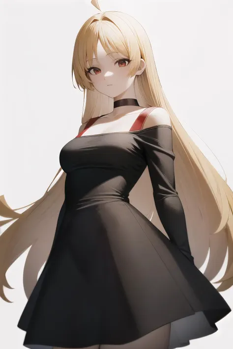 <lora:Ijichi Seika Bocchi:1>, closed mouth, red eyes, blonde hair, black choker,off shoulder,bangs, long hair,ahoge,
standing, upper body, medium breasts, skirt, sleevless, dress, tight dress,
(high quality, highres, best quality:1.2),  4k, highly detailed face, 1girl, (white background, simple background:1.2),  <lora:NoiseOffset_v2:1.0>