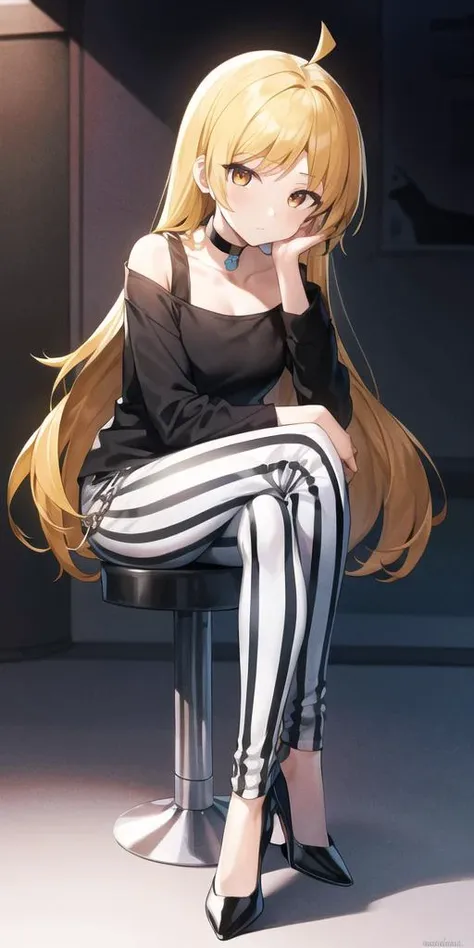 <lora:seika_locon_v1a:0.7>,1girl, ahoge, black footwear, black shirt, blonde hair, choker, closed mouth, crossed legs, elbow rest, full body, high heels, long hair, long sleeves, looking at viewer, orange eyes, pants, parted bangs, shirt, sidelocks, sitting, solo, stool, striped, striped pants, vertical-striped pants, vertical stripes, fence, black choker, head rest, ijichi nijika, bangs, off shoulder, shoes, off-shoulder shirt, chain-link fence, collarbone, very long hair