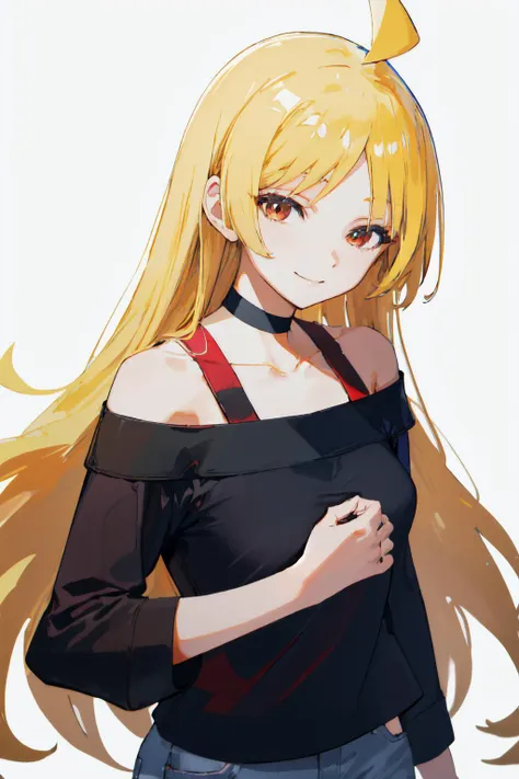 <lora:Ijichi Seika Bocchi:1>, smile, closed mouth, long hair, red eyes,long hair,ahoge,blonde hair,black choker,off shoulder,bangs
standing, upper body, medium breasts, blue mini jeans, black shirt,
(high quality, highres, best quality:1.2),  4k, highly detailed face, 1girl, (white background, simple background:1.2),  <lora:NoiseOffset_v2:1.0>