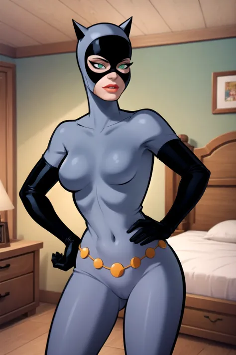 masterpiece, best quality, 1girl, catwoman, solo, green eyes, mask, lipstick, bodysuit, hands on hips, indoors, thick lineart, (traditional media:0.3), bedroom background