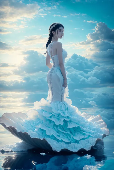 ultra high resolution, ((masterpiece))), (((best quality))), ((super detailed)),  ((extremely delicate and beautiful)),cinematic light, detailed environment(real),  (wide shot, wide-angle lens,Panoramic:1.2),super vista, super wide AngleLow Angle shooting, super wide lens,  Dynamic Angle, Perspective, High Point,pov
(8k, RAW photo, best quality, masterpiece:1.2), (realistic, photo-realistic:1.37), extremely detailed, photography,  Amazing, finely detailed, best quality, ultra high res, (full body:1.1), (pale skin, real_skin), (Milky skin:1.2), (shiny skin:1.4)
xuer Large shell, 1girl, dress, cloud, solo, sky, black hair, reflection, long hair, outdoors, white dress, flower, water, scenery, petals, cloudy sky, long dress, braid, ripples, reflective water, bare shoulders, profile
<lora:~Q?-Xs^ xuer Large shell:0.8>