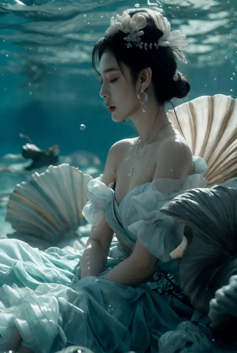 xuer Large shell, 1girl, solo, jewelry, black hair, dress, dark skin, water, closed eyes, earrings, white dress, underwater, lying, dark-skinned female, realistic, sitting, profile
<lora:~Q?-Xs^ xuer Large shell:0.8>