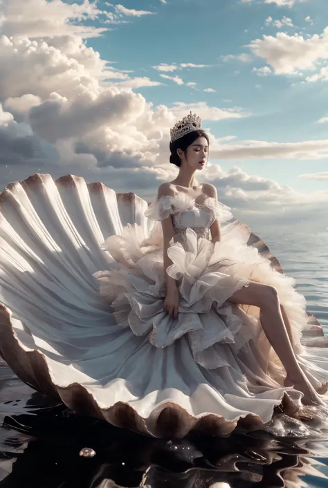 xuer Large shell, 1girl, solo, cloud, sitting, sky, water, dress, cloudy sky, bare shoulders, short hair, dark skin, tiara, reflection, closed eyes, breasts, crown, dark-skinned female, barefoot, outdoors
<lora:~Q?-Xs^ xuer Large shell:0.8>