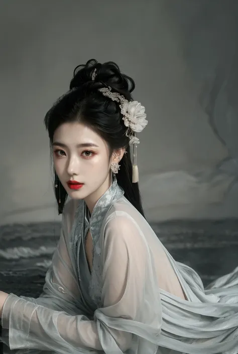 xuer Large shell, 1girl, jewelry, black hair, earrings, solo, long hair, realistic, looking at viewer, red lips, chinese clothes, grey background, long sleeves, upper body, hair ornament, lips, dress, white dress
<lora:~Q?-Xs^ xuer Large shell:0.8>