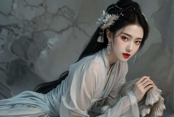 xuer Large shell, 1girl, jewelry, black hair, earrings, solo, long hair, realistic, looking at viewer, red lips, chinese clothes, grey background, long sleeves, upper body, hair ornament, lips, dress, white dress
<lora:~Q?-Xs^ xuer Large shell:0.8>