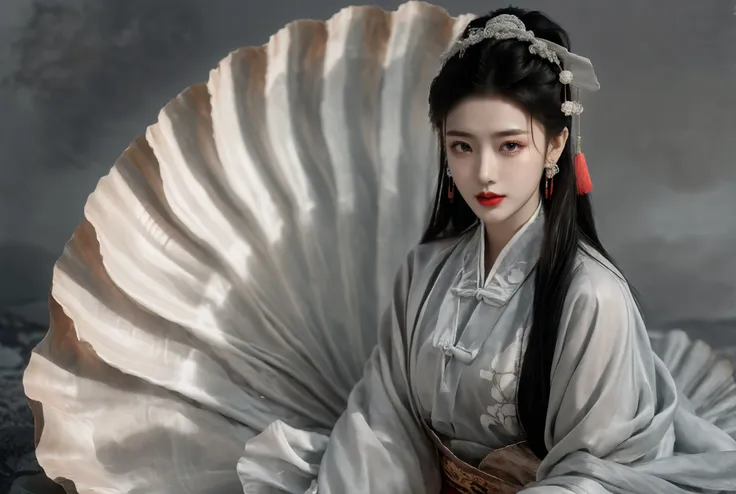 xuer Large shell, 1girl, jewelry, black hair, earrings, solo, long hair, realistic, looking at viewer, red lips, chinese clothes, grey background, long sleeves, upper body, hair ornament, lips, dress, white dress
<lora:~Q?-Xs^ xuer Large shell:0.8>