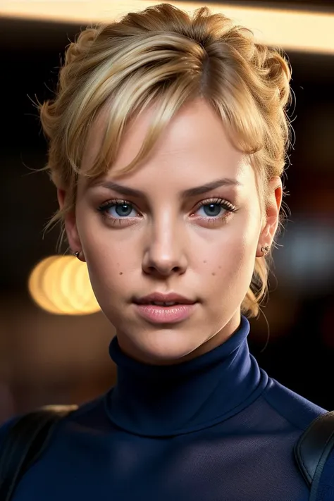 photo of extremely  (f4yegr4nt-130:0.99), a woman as a  student, closeup portrait upsweep updo, (blue tight long sleeve turtleneck top), at a cantina sitting bar (masterpiece:1.5) (photorealistic:1.1) (bokeh) (best quality) (detailed skin texture pores hairs:1.1) (intricate) (8k) (HDR) (wallpaper) (cinematic lighting) (sharp focus), (earrings)