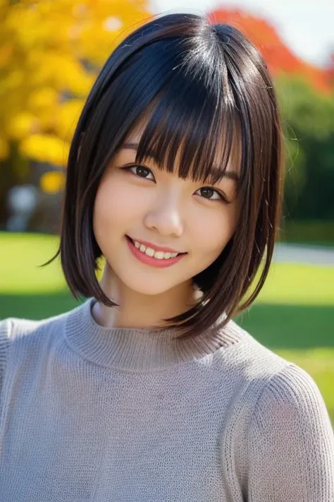 1girl,(wearing a sweater:1.4),(RAW photo, best quality), (realistic, photo-realistic:1.4), masterpiece, an extremely delicate and beautiful, extremely detailed, 2k wallpaper, Amazing, finely detail, extremely detailed CG unity 8k wallpaper, ultra-detailed, highres, soft light, beautiful detailed girl, extremely detailed eyes and face, beautiful detailed nose, beautiful detailed eyes,cinematic lighting,autumn scenery,perfect anatomy,slender body,smiling,(hair with bangs) <lora:hiedanene_lora:0.8>,(short hair)