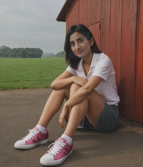 best quality, masterpiece, photo of vineeta8, beautiful woman, full body portrait, wearing sneakers, barn background, smiling, looking at viewer, highly detailed, realistic